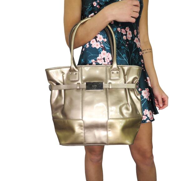 Y2k Vintage Calvin Klein Large Metallic Gold Shoulder Bag Rectangle - Picture 1 of 8